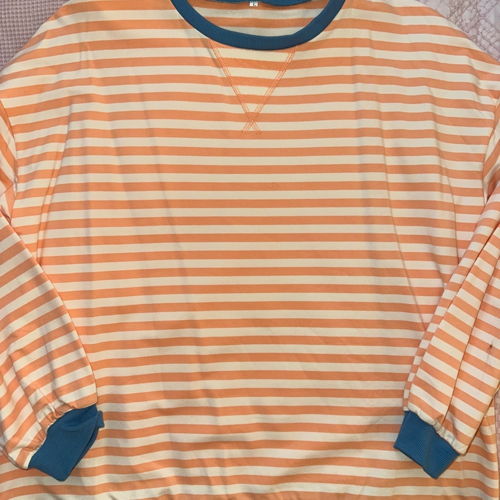 Striped Peach & Cream Long Sleeve Tee with Blue Trim